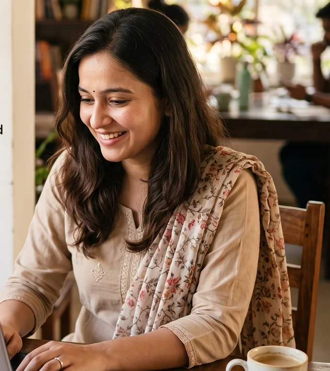 A young woman working on her laptop, smiling
